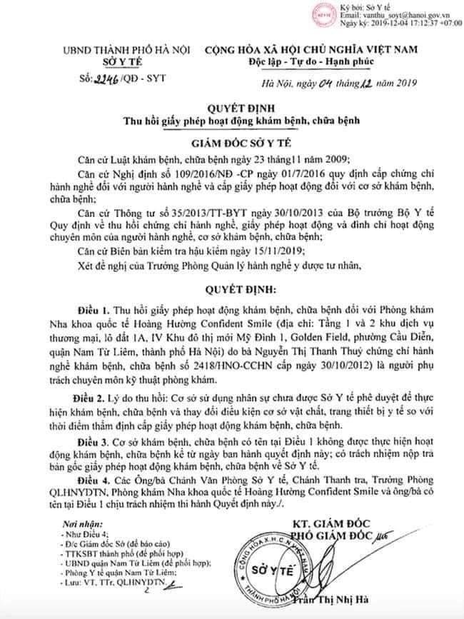 Quyết định thu hồi giấy phép hoạt động khám bệnh, chữa bệnh đối với phòng khám Nha khoa quốc tế Hoàng Hường Confident Smile của Sở Y tế Hà Nội