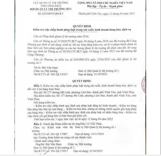 Cục QLTT tỉnh Vĩnh Phúc ra quyết định số 61010053/QĐ-KT, kiểm tra việc chấp hành pháp luật trong sản xuất, kinh doanh hang hóa, dịch vụ tại cửa hàng Sam Sam.