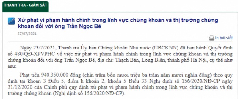 Thông báo xử phạt vi phạm hành chính đối với ông Trần Ngọc Bê