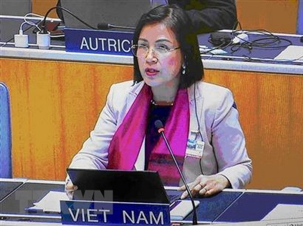 Đại sứ Lê Thị Tuyết Mai, Trưởng Phái đoàn đại diện Việt Nam tại Geneva phát biểu tại khóa 62 Đại hội đồng WIPO. Ảnh: TTXVN