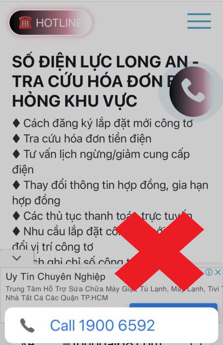 Trang web và số điện thoại giả mạo ngành Điện.