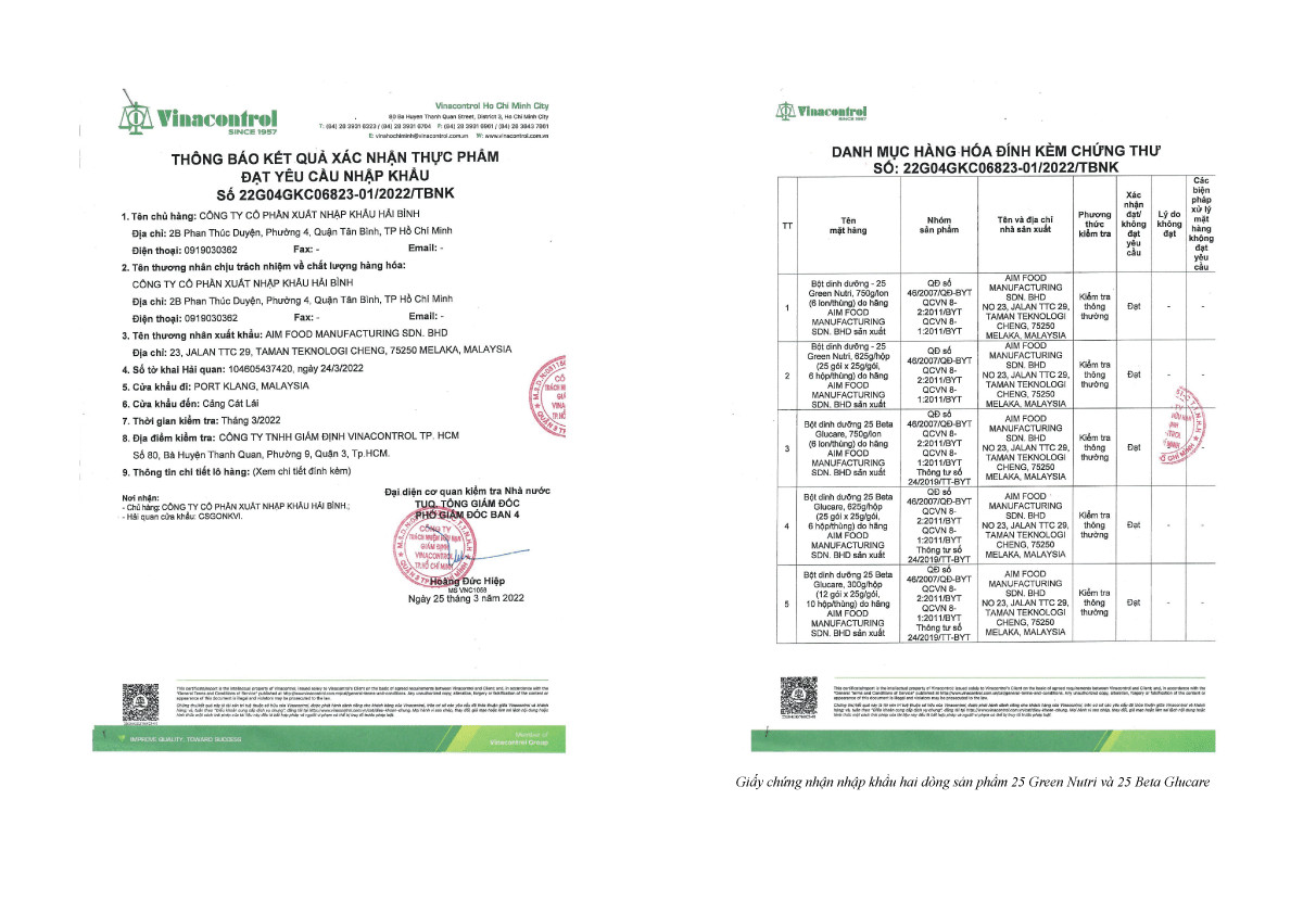 Giấy chứng nhận nhập khẩu hai dòng sản phẩm 25 Green Nutri và 25 Beta Glucare