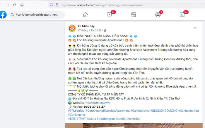 Thông tin được đăng tải trên tài khoản Facebook TP Miền Tây của VPĐD tại Cần Thơ - Công ty CP Đầu tư TP Miền Tây.